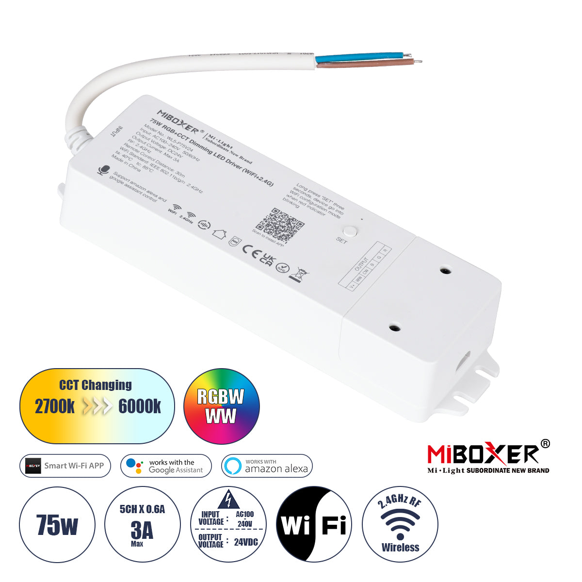 71441 WL5-P75V24 Mi-BOXER DC Smart Wifi & RF 2.4Ghz Power Supply Τροφοδοτικό SELV & Controller / Dimmer All in One 5 Καναλιών AC100-240V σε DC 24V 5 x 0.6A 14.4W - Max 3A 75W - IP20 RGBW+WW Μ19 x Π5.5 x Υ3.2cm