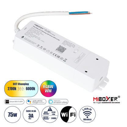 71441 WL5-P75V24 Mi-BOXER DC Smart Wifi & RF 2.4Ghz Power Supply Τροφοδοτικό SELV & Controller / Dimmer All in One 5 Καναλιών AC100-240V σε DC 24V 5 x 0.6A 14.4W - Max 3A 75W - IP20 RGBW+WW Μ19 x Π5.5 x Υ3.2cm