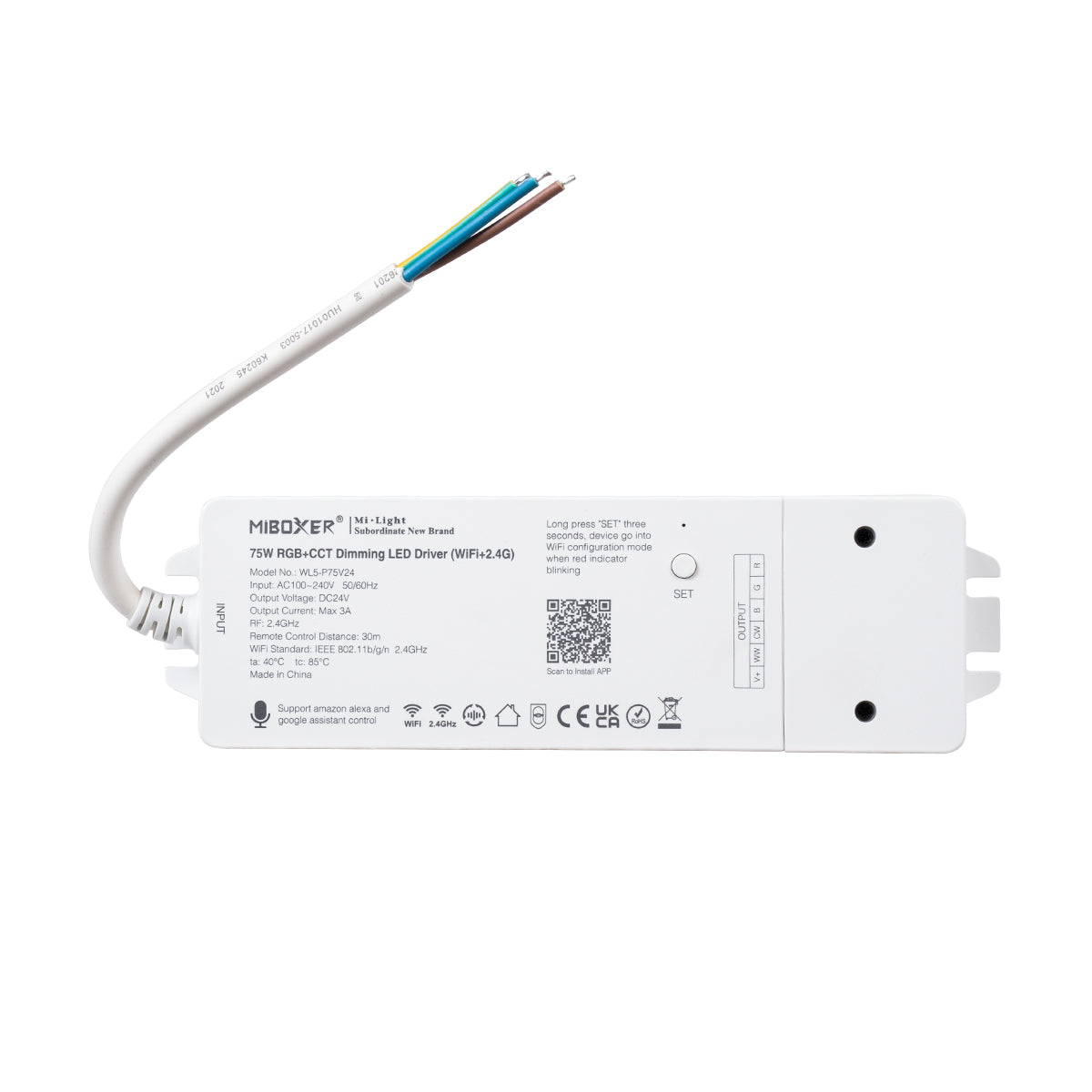 71441 WL5-P75V24 Mi-BOXER DC Smart Wifi & RF 2.4Ghz Power Supply Τροφοδοτικό SELV & Controller / Dimmer All in One 5 Καναλιών AC100-240V σε DC 24V 5 x 0.6A 14.4W - Max 3A 75W - IP20 RGBW+WW Μ19 x Π5.5 x Υ3.2cm