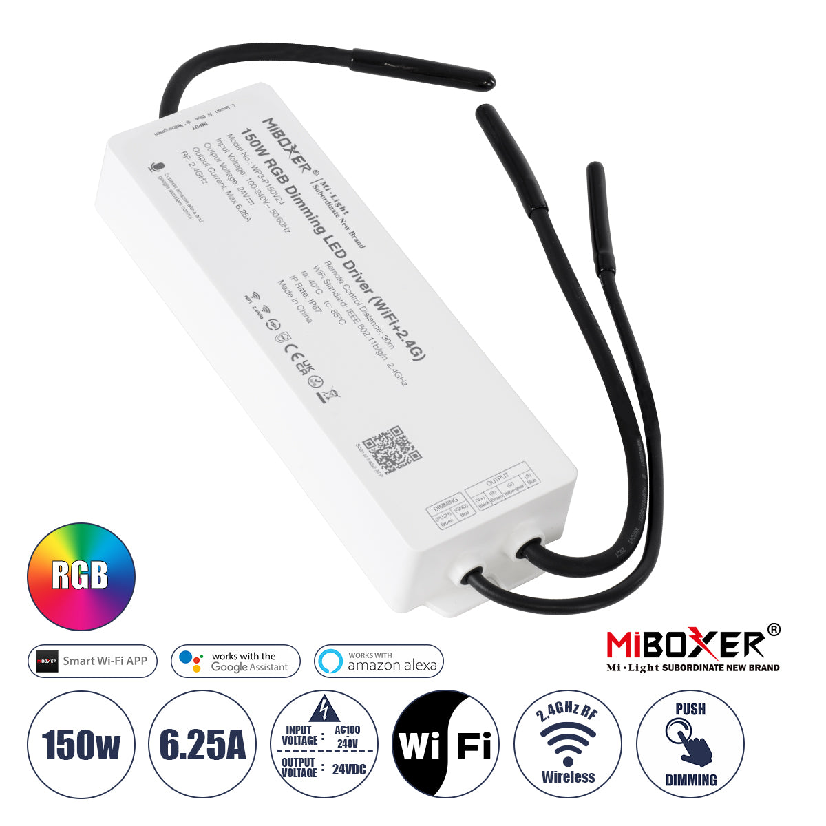 71442 WP3-P150V24 Mi-BOXER DC Smart Wifi & RF 2.4Ghz Power Supply Τροφοδοτικό SELV & Controller / Dimmer All in One 3 Καναλιών AC100-240V σε DC 24V 3 x 2.1A 50W - Max 6.25A 150W - Αδιάβροχο IP67 RGB Μ22.5 x Π7.3 x Υ3.5cm