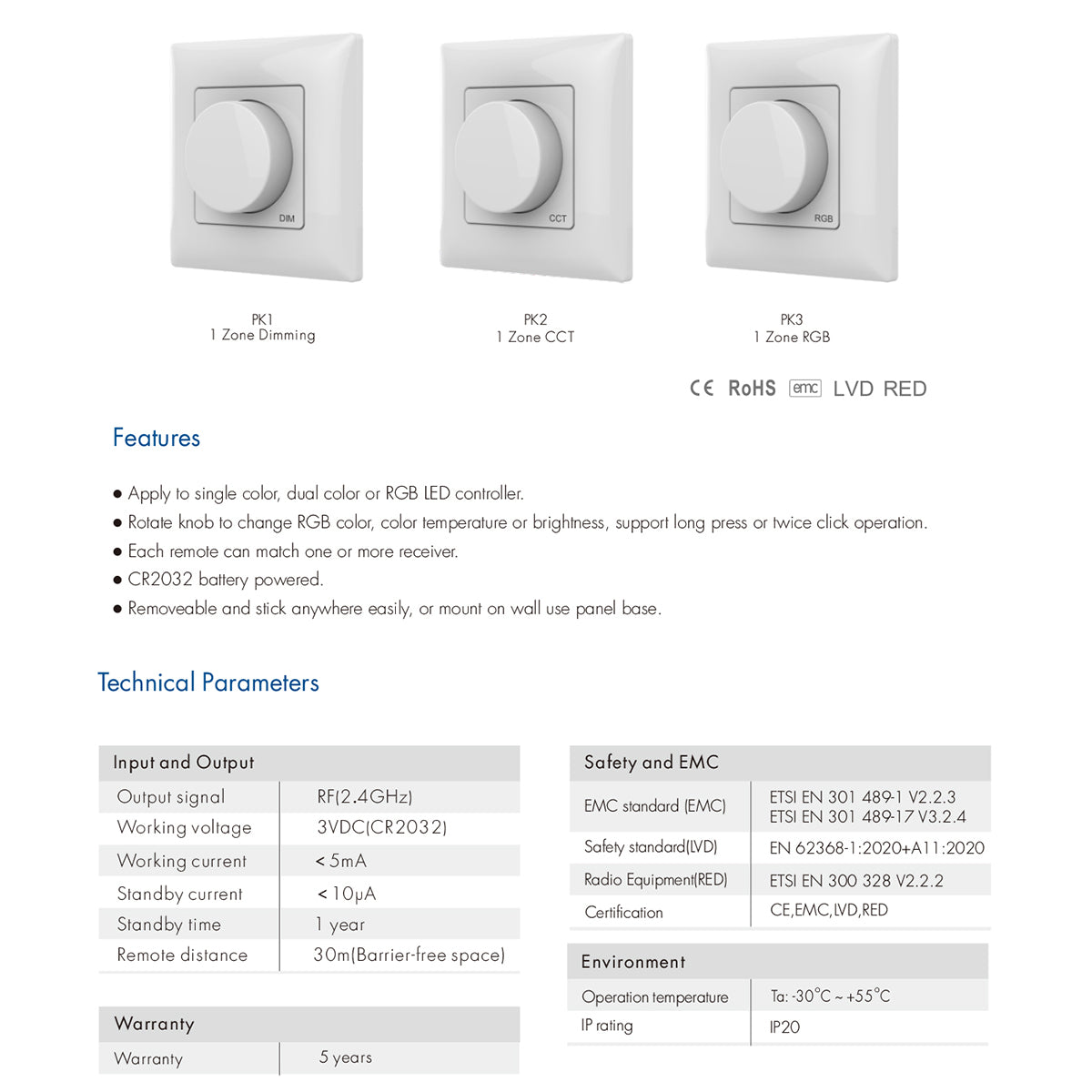 71443 K1 Mi-BOXER Ασύρματο Επιτοίχιο Χειριστήριο Dimmer RF 2.4Ghz για όλα τα Μονόχρωμα Mi-BOXER Controller DC 3V 1 x CR2032 - IP20 Λευκό Μ8.5 x Π8.5 x Υ2.5cm