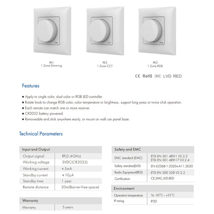 71443 K1 Mi-BOXER Ασύρματο Επιτοίχιο Χειριστήριο Dimmer RF 2.4Ghz για όλα τα Μονόχρωμα Mi-BOXER Controller DC 3V 1 x CR2032 - IP20 Λευκό Μ8.5 x Π8.5 x Υ2.5cm