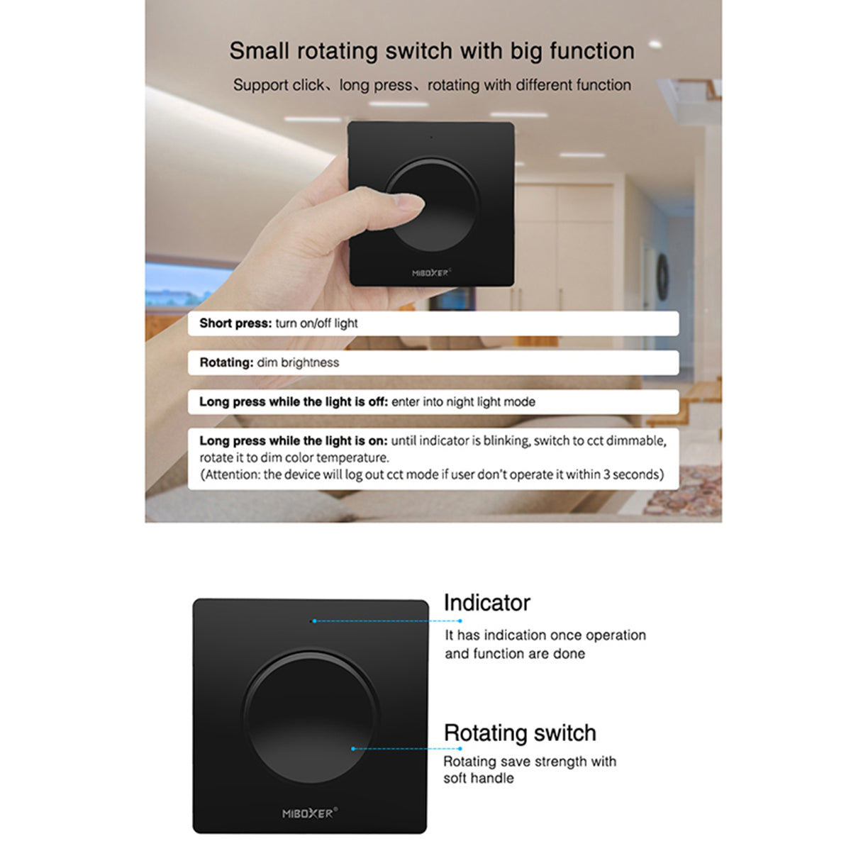 71444 K1-B Mi-BOXER Ασύρματο Επιτοίχιο Χειριστήριο Dimmer RF 2.4Ghz για όλα τα Μονόχρωμα Mi-BOXER Controller DC 3V 1 x CR2032 - IP20 Μαύρο Μ8.5 x Π8.5 x Υ2.5cm