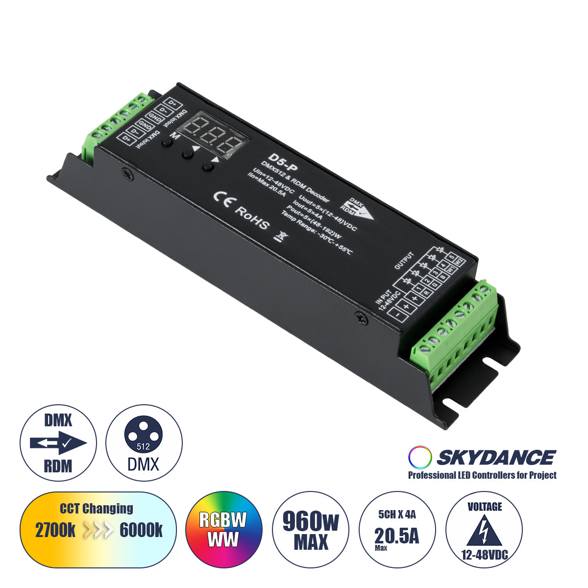 71445 D5-P SKYDANCE DC DMX & RDM Dimmer High Speed Controller / Decoder 5 Καναλιών DC 12-48V 5 x 4A 192W - Max 20.5A 960W - IP20 Μ17.5 x Π4.5 x Υ3.5cm