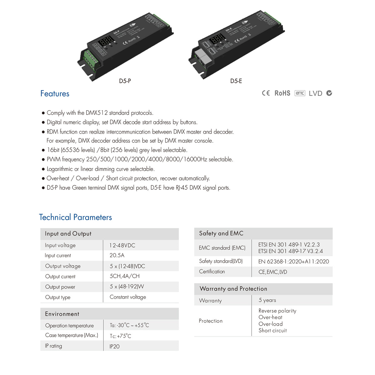 71445 D5-P SKYDANCE DC DMX & RDM Dimmer High Speed Controller / Decoder 5 Καναλιών DC 12-48V 5 x 4A 192W - Max 20.5A 960W - IP20 Μ17.5 x Π4.5 x Υ3.5cm