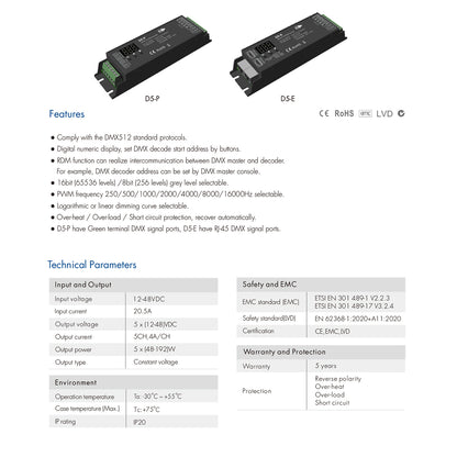 71445 D5-P SKYDANCE DC DMX & RDM Dimmer High Speed Controller / Decoder 5 Καναλιών DC 12-48V 5 x 4A 192W - Max 20.5A 960W - IP20 Μ17.5 x Π4.5 x Υ3.5cm