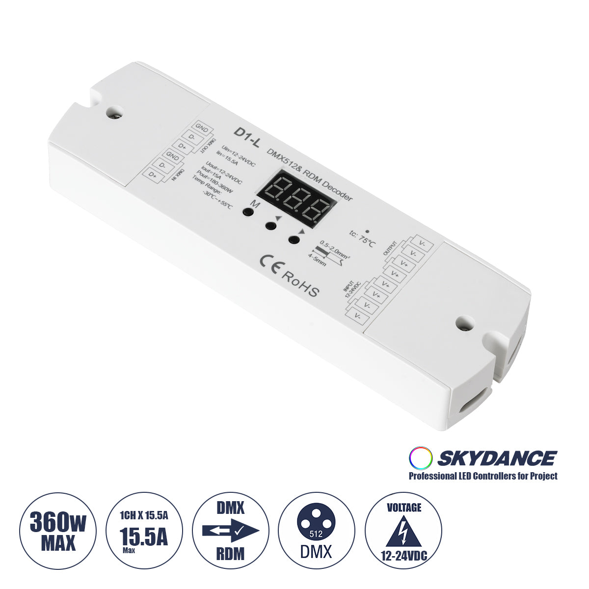 71446 D1-L SKYDANCE DC DMX & RDM Dimmer High Speed Controller / Decoder 1 Καναλιού DC 12-24V 1 x 15.5A 360W - Max 15.5A 360W - IP20 Μ17 x Π5 x Υ2.5cm