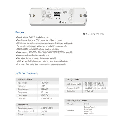71446 D1-L SKYDANCE DC DMX & RDM Dimmer High Speed Controller / Decoder 1 Καναλιού DC 12-24V 1 x 15.5A 360W - Max 15.5A 360W - IP20 Μ17 x Π5 x Υ2.5cm