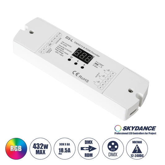 71447 D3-L SKYDANCE DC DMX & RDM Dimmer High Speed Controller / Decoder 3 Καναλιών DC 12-24V 3 x 6A 144W - Max 18.5A 432W - IP20 Μ17 x Π5 x Υ2.5cm