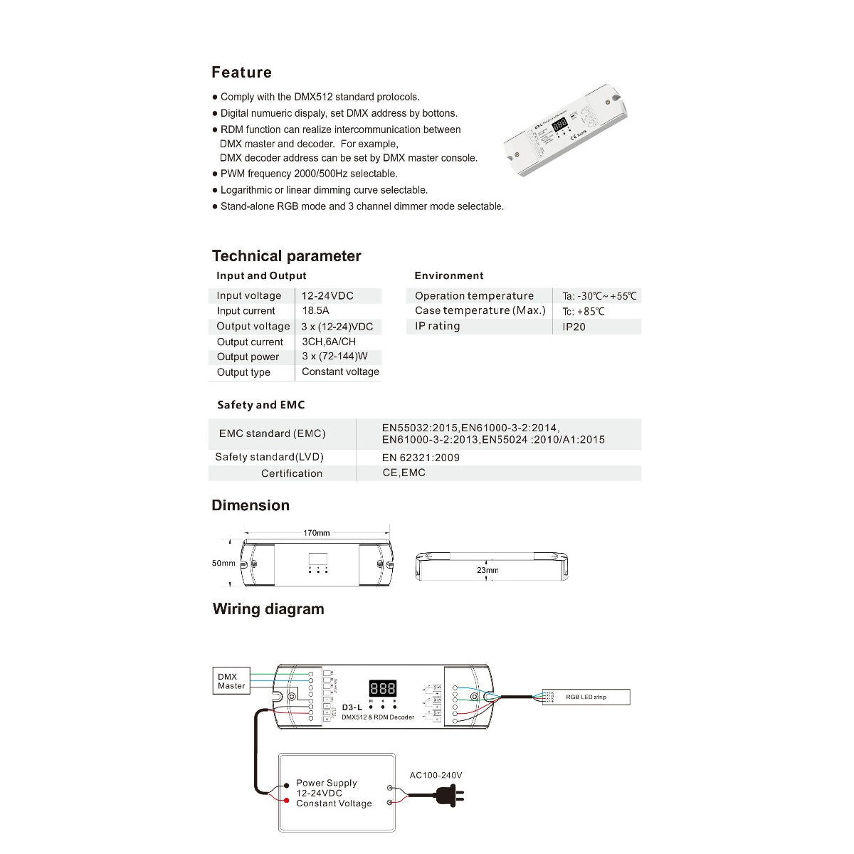 71447 D3-L SKYDANCE DC DMX & RDM Dimmer High Speed Controller / Decoder 3 Καναλιών DC 12-24V 3 x 6A 144W - Max 18.5A 432W - IP20 Μ17 x Π5 x Υ2.5cm