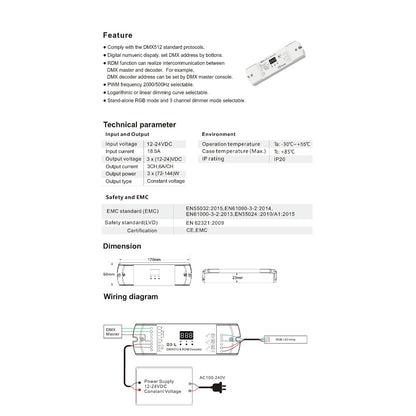 71447 D3-L SKYDANCE DC DMX & RDM Dimmer High Speed Controller / Decoder 3 Καναλιών DC 12-24V 3 x 6A 144W - Max 18.5A 432W - IP20 Μ17 x Π5 x Υ2.5cm