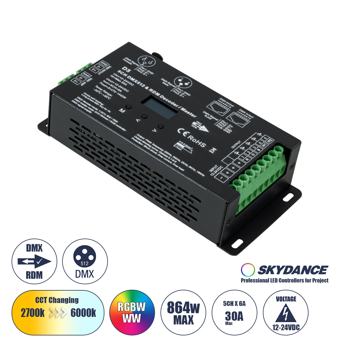 71448 D5 SKYDANCE DC DMX & RDM Dimmer High Speed Controller / Decoder 5 Καναλιών DC 12-24V 5 x 6A 144W - Max 30A 864W - IP20 Μ17 x Π8 x Υ4cm