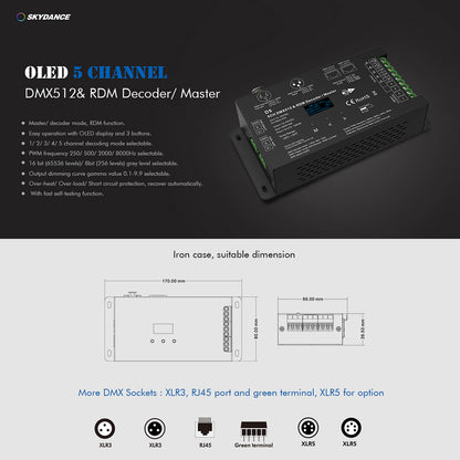 71448 D5 SKYDANCE DC DMX & RDM Dimmer High Speed Controller / Decoder 5 Καναλιών DC 12-24V 5 x 6A 144W - Max 30A 864W - IP20 Μ17 x Π8 x Υ4cm