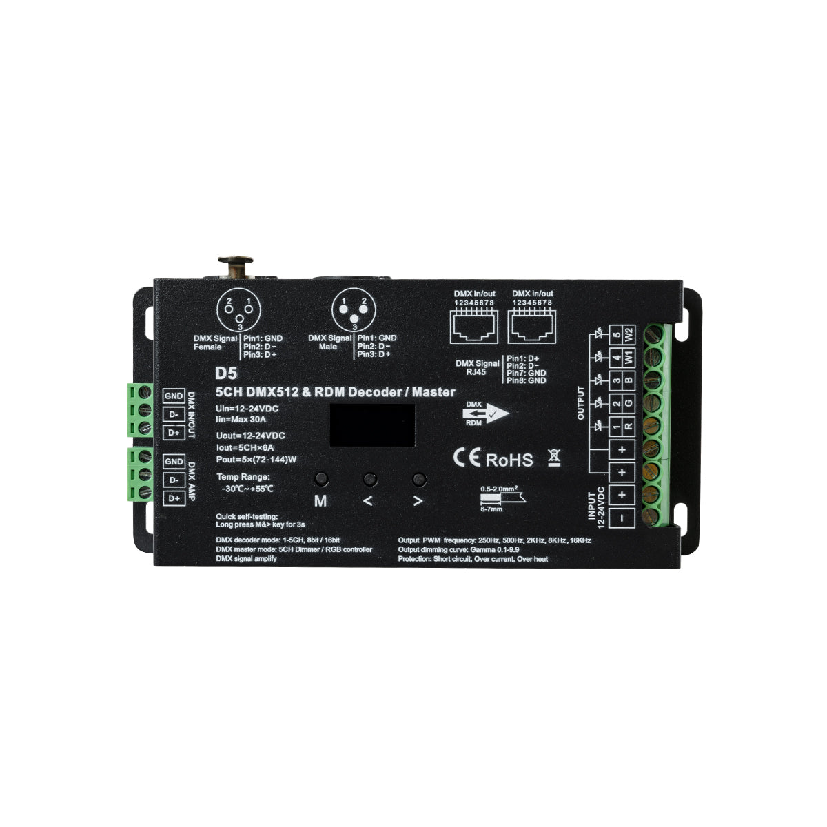 71448 D5 SKYDANCE DC DMX & RDM Dimmer High Speed Controller / Decoder 5 Καναλιών DC 12-24V 5 x 6A 144W - Max 30A 864W - IP20 Μ17 x Π8 x Υ4cm
