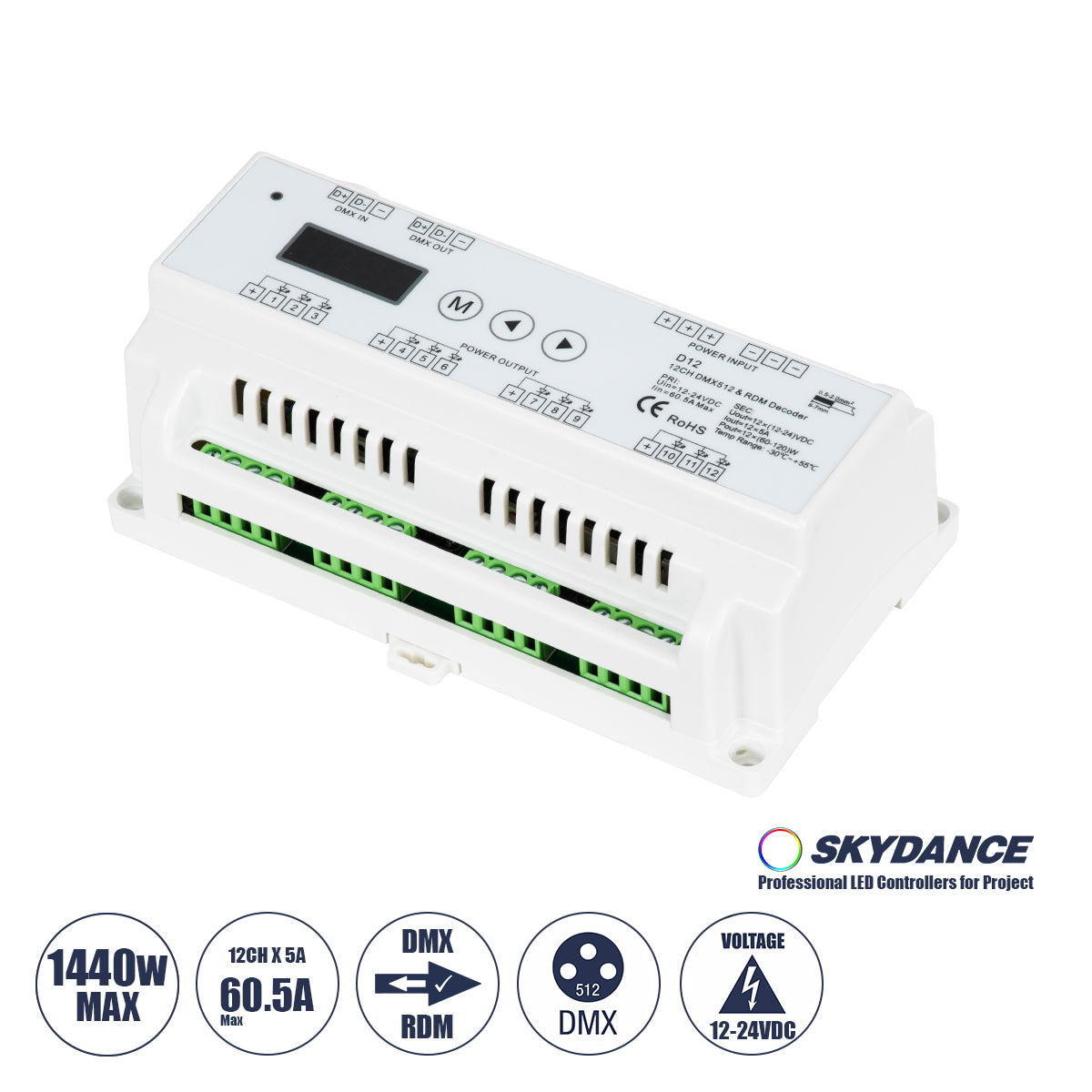 71449 D12 SKYDANCE DC DMX & RDM Dimmer Din Rail Ράγας High Speed Controller / Decoder / Master 12 Καναλιών DC 12-24V 12 x 5A 120W - Max 60.5A 1440W - IP20 Μ15.5 x Π9 x Υ6cm