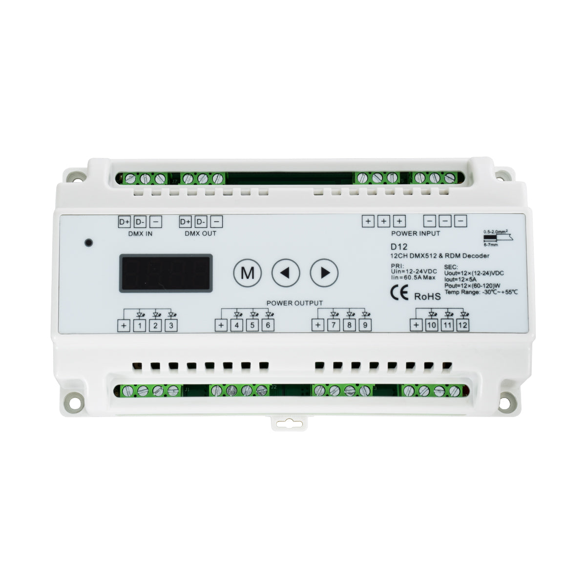 71449 D12 SKYDANCE DC DMX & RDM Dimmer Din Rail Ράγας High Speed Controller / Decoder / Master 12 Καναλιών DC 12-24V 12 x 5A 120W - Max 60.5A 1440W - IP20 Μ15.5 x Π9 x Υ6cm