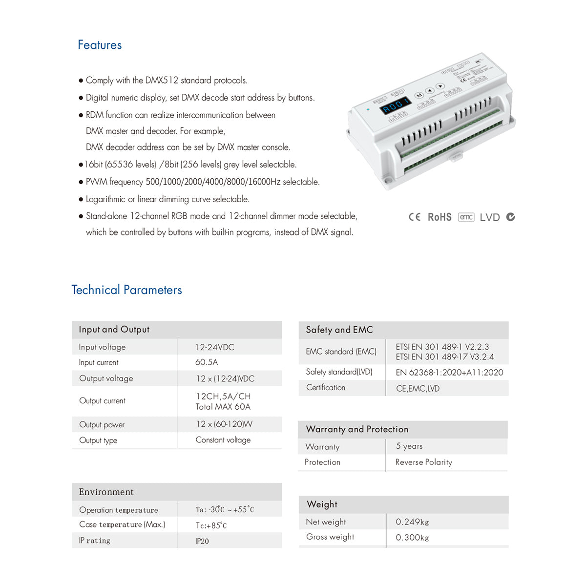 71449 D12 SKYDANCE DC DMX & RDM Dimmer Din Rail Ράγας High Speed Controller / Decoder / Master 12 Καναλιών DC 12-24V 12 x 5A 120W - Max 60.5A 1440W - IP20 Μ15.5 x Π9 x Υ6cm