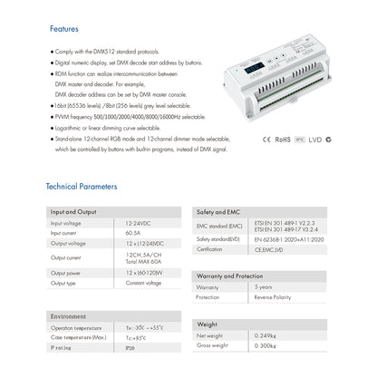 71449 D12 SKYDANCE DC DMX & RDM Dimmer Din Rail Ράγας High Speed Controller / Decoder / Master 12 Καναλιών DC 12-24V 12 x 5A 120W - Max 60.5A 1440W - IP20 Μ15.5 x Π9 x Υ6cm