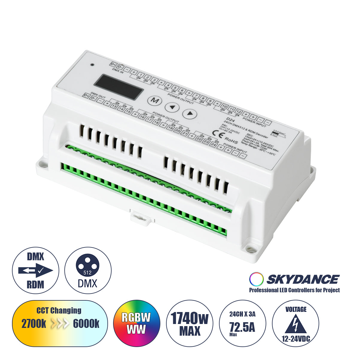 71450 D24 SKYDANCE DC DMX & RDM Dimmer Din Rail Ράγας High Speed Controller / Decoder 24 Καναλιών DC 12-24V 24 x 3A 72W - Max 72.5A 1740W - IP20 Μ16 x Π9 x Υ6cm