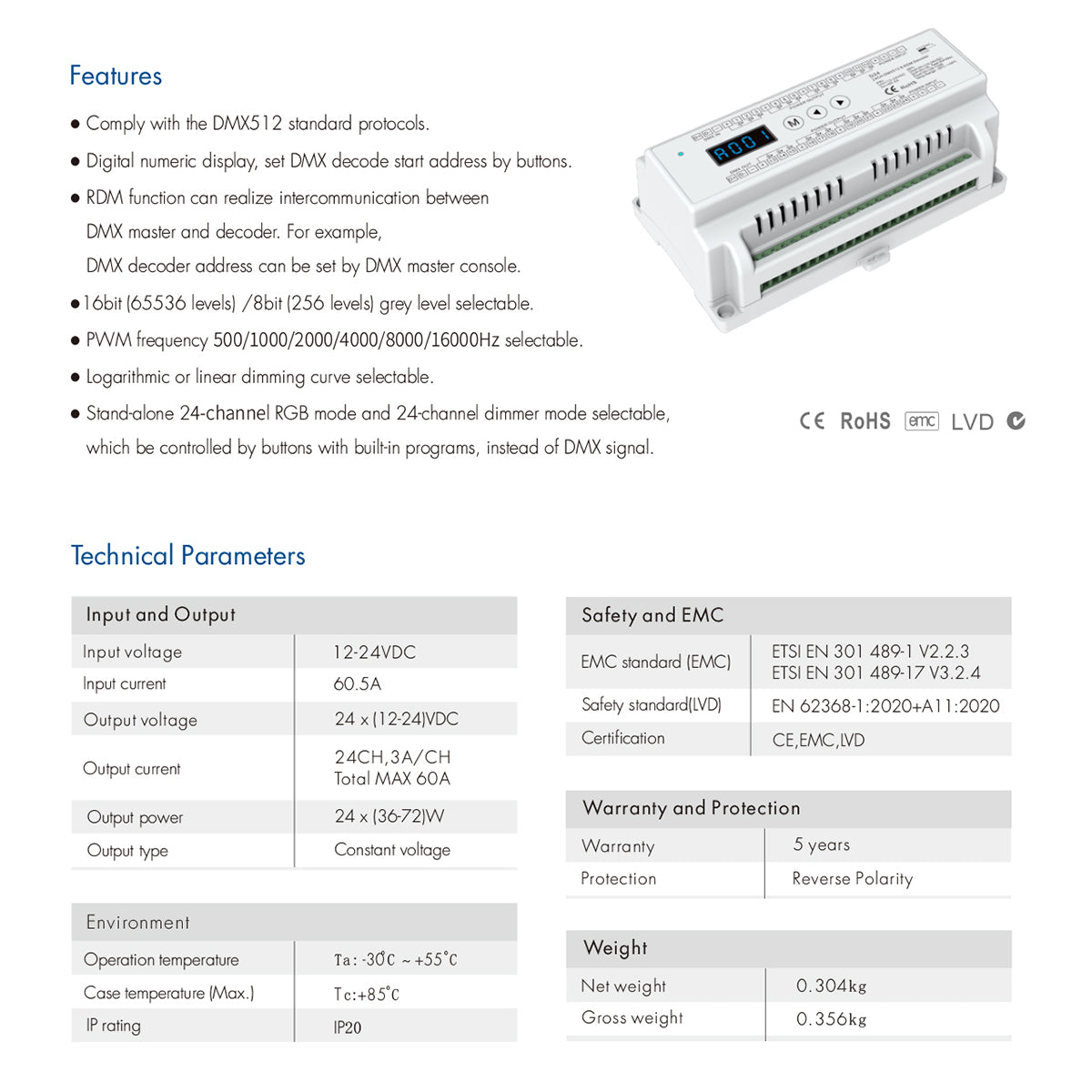 71450 D24 SKYDANCE DC DMX & RDM Dimmer Din Rail Ράγας High Speed Controller / Decoder 24 Καναλιών DC 12-24V 24 x 3A 72W - Max 72.5A 1740W - IP20 Μ16 x Π9 x Υ6cm