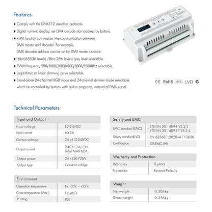 71450 D24 SKYDANCE DC DMX & RDM Dimmer Din Rail Ράγας High Speed Controller / Decoder 24 Καναλιών DC 12-24V 24 x 3A 72W - Max 72.5A 1740W - IP20 Μ16 x Π9 x Υ6cm