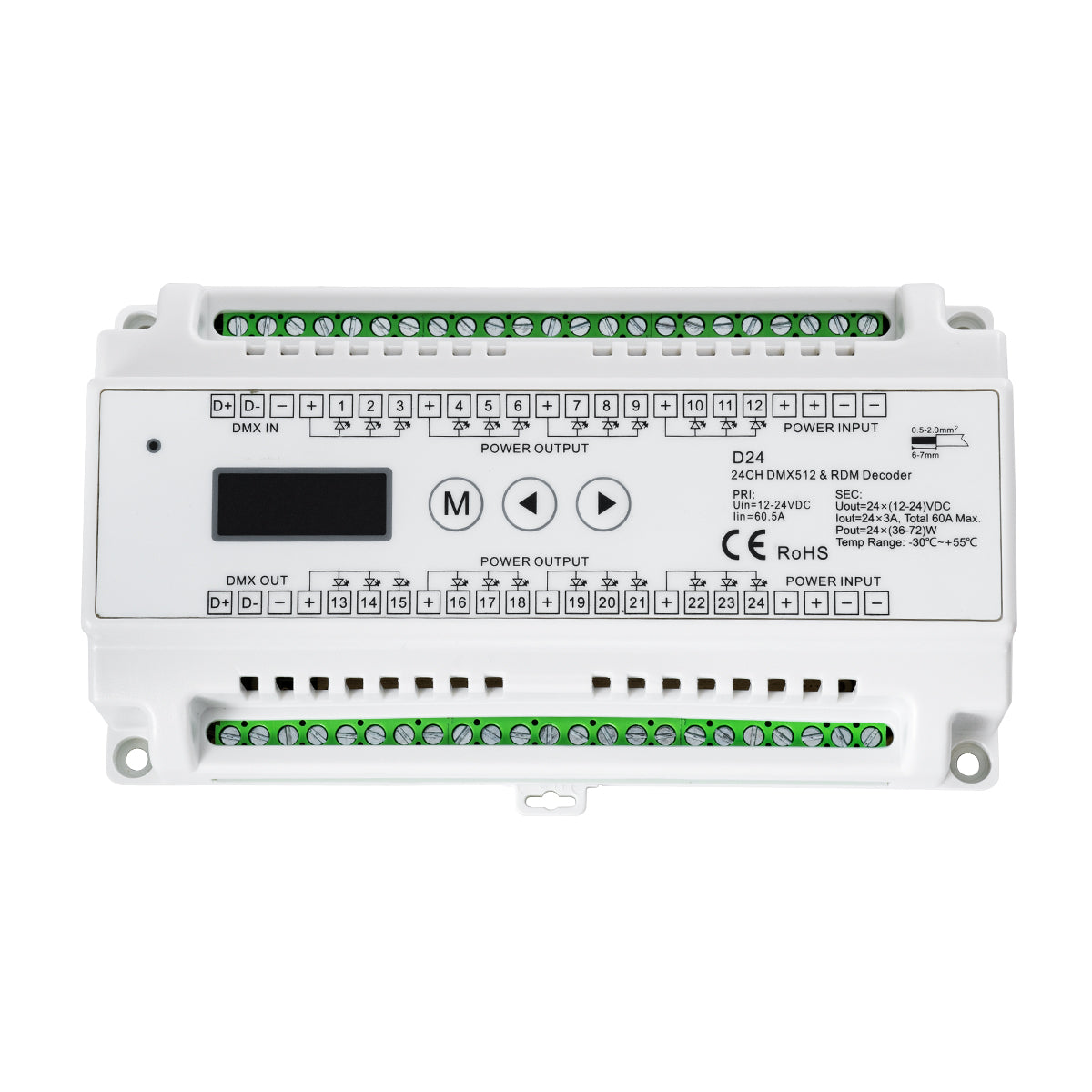 71450 D24 SKYDANCE DC DMX & RDM Dimmer Din Rail Ράγας High Speed Controller / Decoder 24 Καναλιών DC 12-24V 24 x 3A 72W - Max 72.5A 1740W - IP20 Μ16 x Π9 x Υ6cm