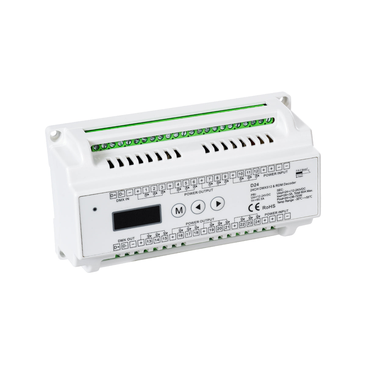 71450 D24 SKYDANCE DC DMX & RDM Dimmer Din Rail Ράγας High Speed Controller / Decoder 24 Καναλιών DC 12-24V 24 x 3A 72W - Max 72.5A 1740W - IP20 Μ16 x Π9 x Υ6cm