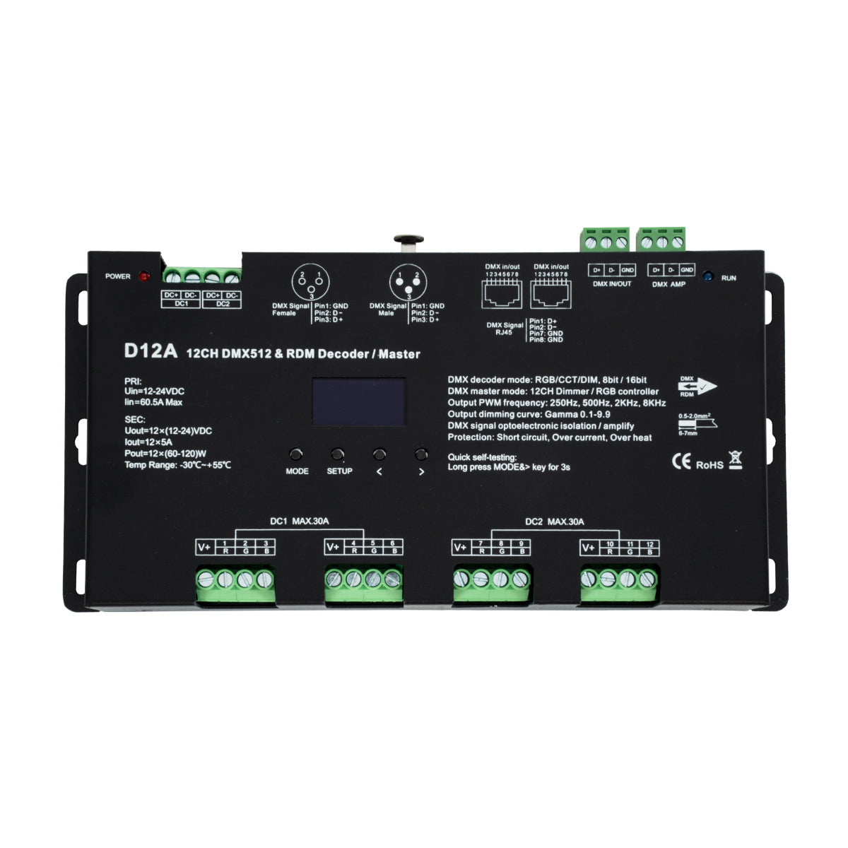 71451 D12A SKYDANCE DC DMX & RDM Dimmer High Speed Controller / Decoder / Master 12 Καναλιών DC 12-24V 12 x 5A 120W - Max 60.5A 1440W - IP20 Μ25 x Π11.5 x Υ4cm