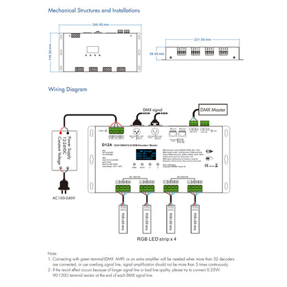 71451 D12A SKYDANCE DC DMX & RDM Dimmer High Speed Controller / Decoder / Master 12 Καναλιών DC 12-24V 12 x 5A 120W - Max 60.5A 1440W - IP20 Μ25 x Π11.5 x Υ4cm