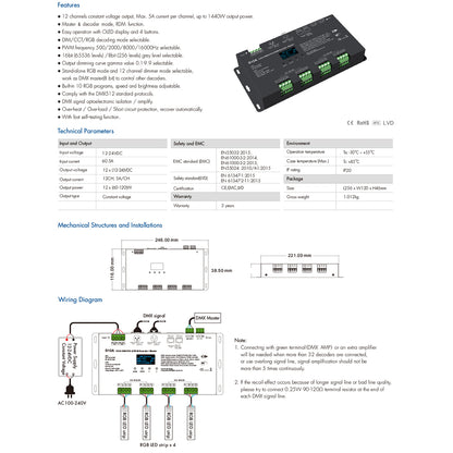 71451 D12A SKYDANCE DC DMX & RDM Dimmer High Speed Controller / Decoder / Master 12 Καναλιών DC 12-24V 12 x 5A 120W - Max 60.5A 1440W - IP20 Μ25 x Π11.5 x Υ4cm