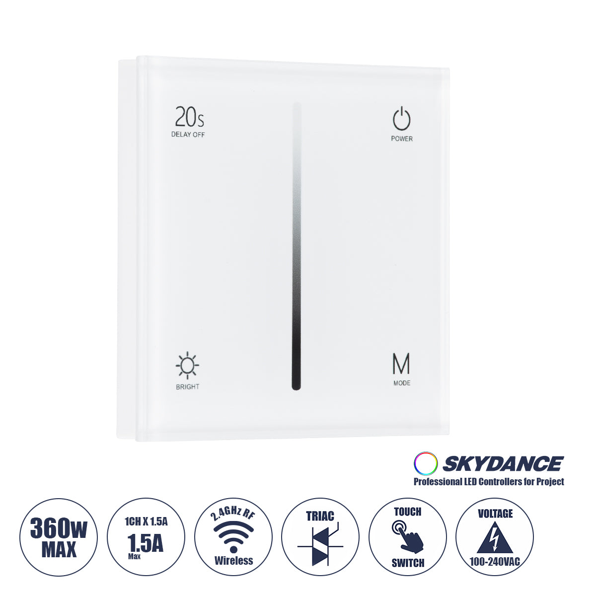 71452 S1-T SKYDANCE AC Smart RF 2.4Ghz & Αφής - Touch Triac Dimming AC100-240V σε AC100-240V 1 x 1.5A 360W - Max 1.5A 360W - IP20 - Λευκό Σώμα - Μ8.5 x Π8.5 x Υ3.2cm