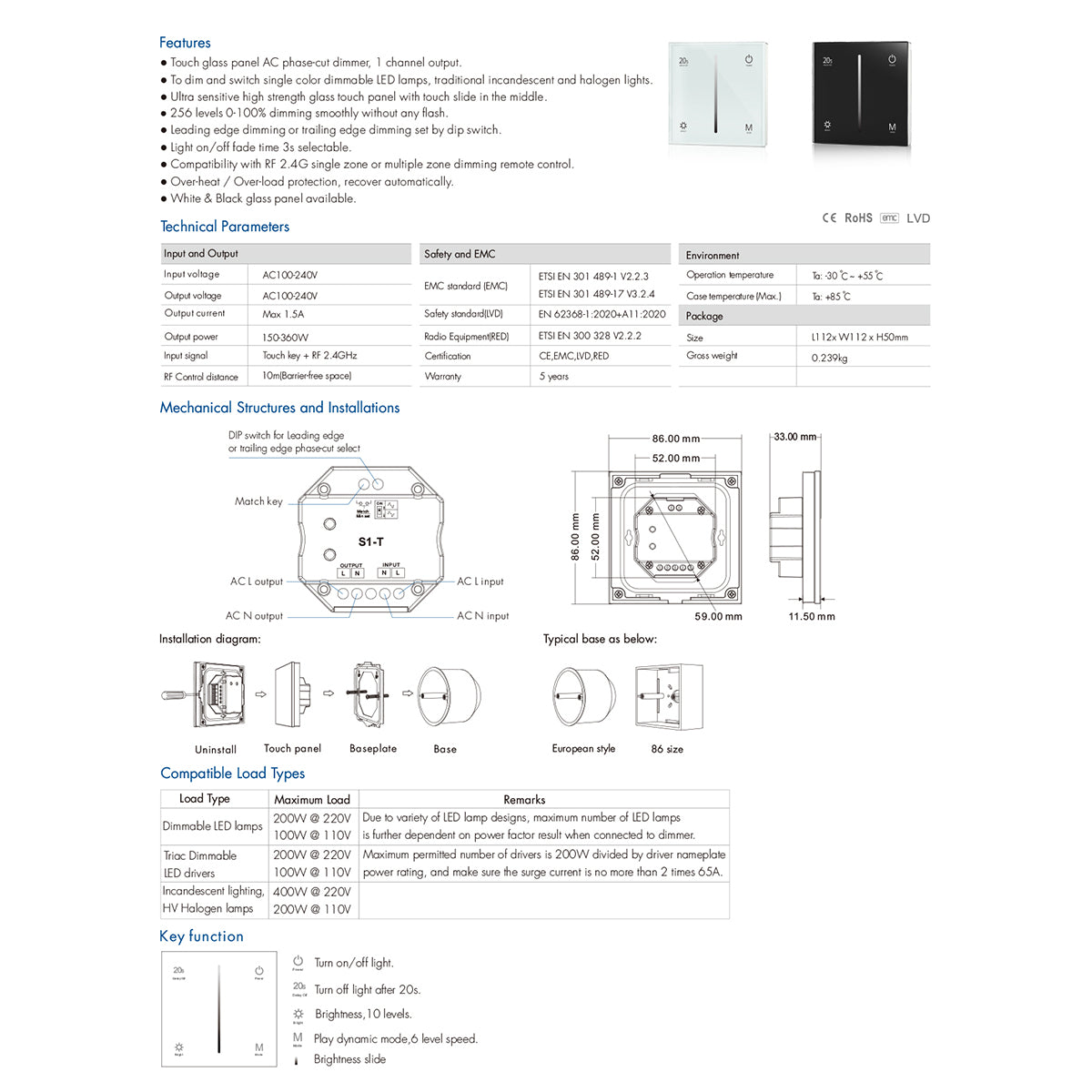 71452 S1-T SKYDANCE AC Smart RF 2.4Ghz & Αφής - Touch Triac Dimming AC100-240V σε AC100-240V 1 x 1.5A 360W - Max 1.5A 360W - IP20 - Λευκό Σώμα - Μ8.5 x Π8.5 x Υ3.2cm