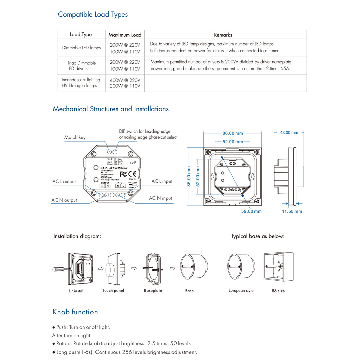 71454 S1-K SKYDANCE AC Smart RF 2.4Ghz & Ροοστάτη - Push ON/OFF Triac Dimming AC100-240V σε AC100-240V 1 x 1.5A 360W - Max 1.5A 360W - IP20 - Λευκό Σώμα - Μ8.5 x Π8.5 x Υ5cm