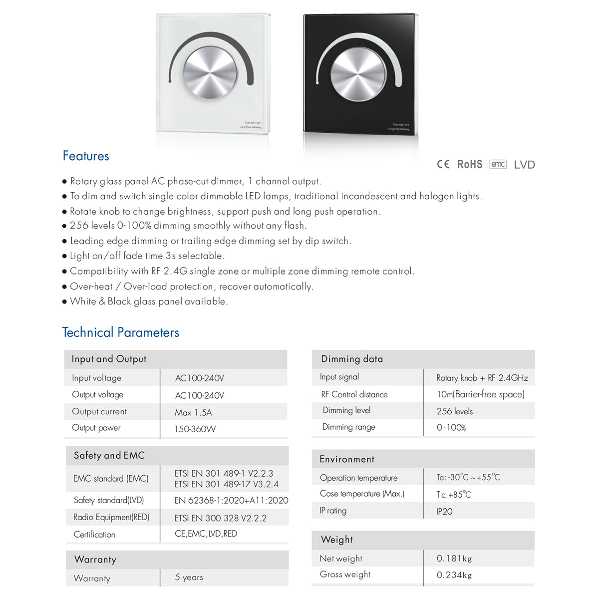 71454 S1-K SKYDANCE AC Smart RF 2.4Ghz & Ροοστάτη - Push ON/OFF Triac Dimming AC100-240V σε AC100-240V 1 x 1.5A 360W - Max 1.5A 360W - IP20 - Λευκό Σώμα - Μ8.5 x Π8.5 x Υ5cm