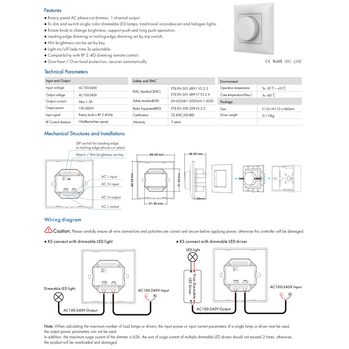 71456 KS SKYDANCE AC Smart RF 2.4Ghz & Ροοστάτη Triac Dimming AC100-240V σε AC100-240V 1 x 1.5A 360W - Max 1.5A 360W - IP20 - Λευκό Σώμα - Μ8.5 x Π8.5 x Υ5.2cm