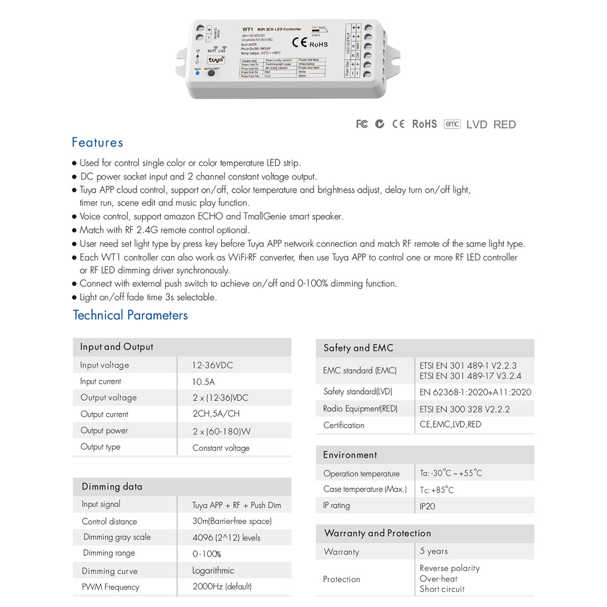 71468 WT1 SKYDANCE DC WiFi & RF 2.4Ghz Dimmer High Speed Controller 2 Καναλιών DC 12-36V 2 x 5A 180W - Max 10A 180W - IP20 Μ11.5 x Π3.5 x Υ2cm