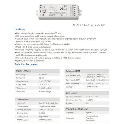 71468 WT1 SKYDANCE DC WiFi & RF 2.4Ghz Dimmer High Speed Controller 2 Καναλιών DC 12-36V 2 x 5A 180W - Max 10A 180W - IP20 Μ11.5 x Π3.5 x Υ2cm