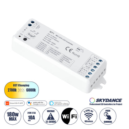 71468 WT1 SKYDANCE DC WiFi & RF 2.4Ghz Dimmer High Speed Controller 2 Καναλιών DC 12-36V 2 x 5A 180W - Max 10A 180W - IP20 Μ11.5 x Π3.5 x Υ2cm