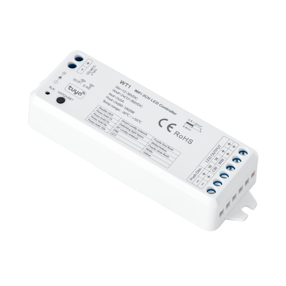 71468 WT1 SKYDANCE DC WiFi & RF 2.4Ghz Dimmer High Speed Controller 2 Καναλιών DC 12-36V 2 x 5A 180W - Max 10A 180W - IP20 Μ11.5 x Π3.5 x Υ2cm