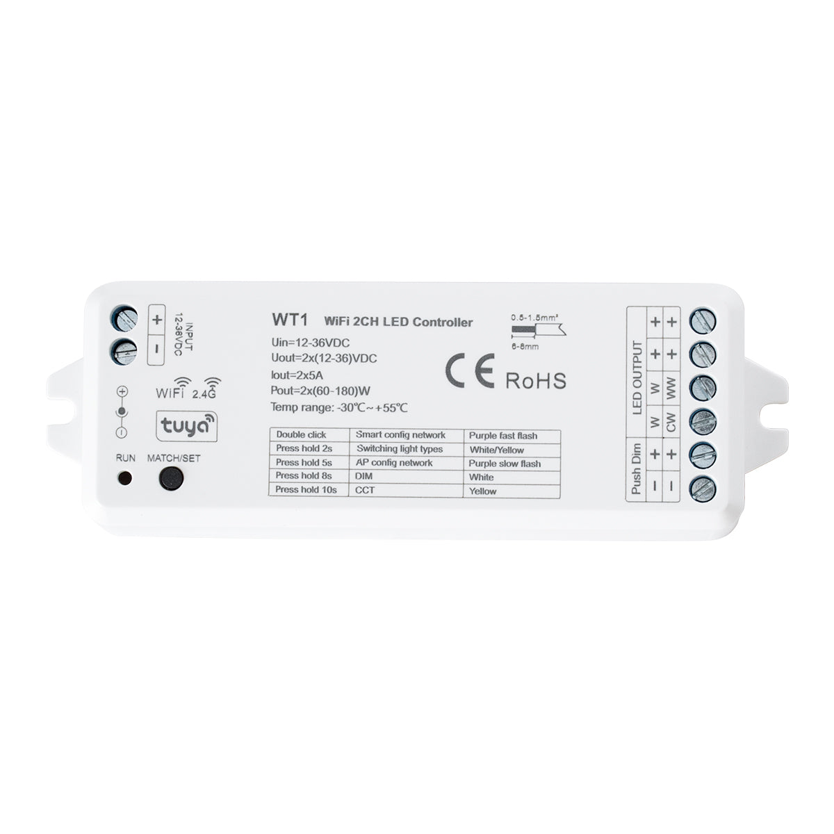 71468 WT1 SKYDANCE DC WiFi & RF 2.4Ghz Dimmer High Speed Controller 2 Καναλιών DC 12-36V 2 x 5A 180W - Max 10A 180W - IP20 Μ11.5 x Π3.5 x Υ2cm