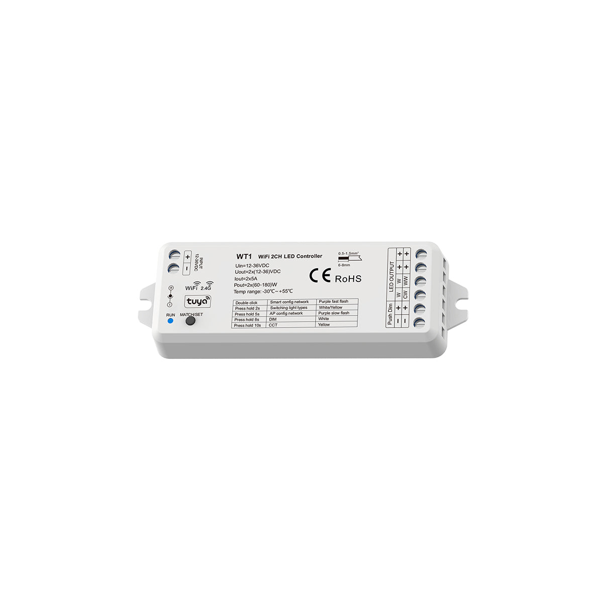 71468 WT1 SKYDANCE DC WiFi & RF 2.4Ghz Dimmer High Speed Controller 2 Καναλιών DC 12-36V 2 x 5A 180W - Max 10A 180W - IP20 Μ11.5 x Π3.5 x Υ2cm