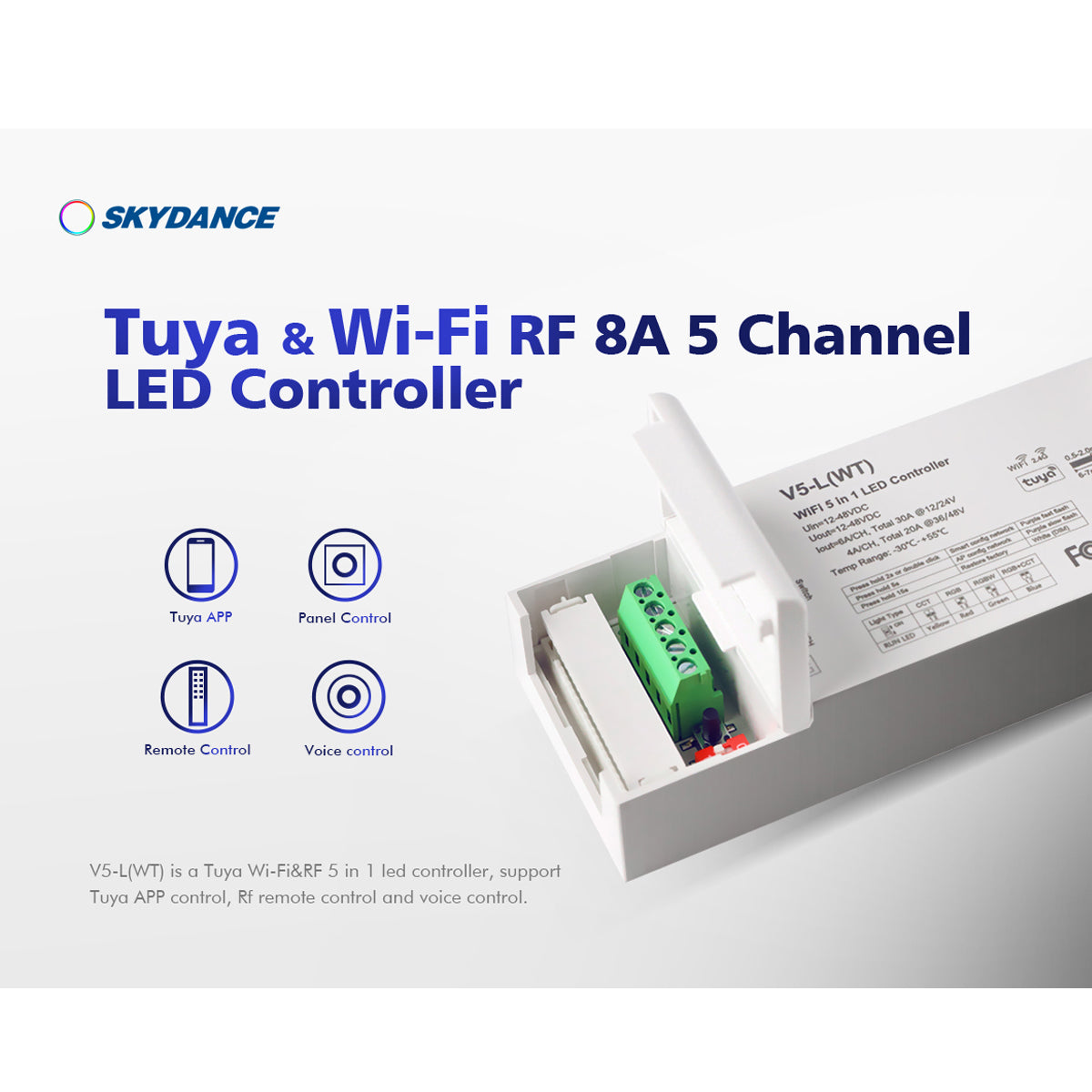 71470 V5-L SKYDANCE DC WiFi & RF 2.4Ghz Dimmer High Speed Controller 5 Καναλιών DC 12-48V 5 x 6A 288W - Max 30A 1440W - IP20 Μ18 x Π5.7 x Υ2.8cm