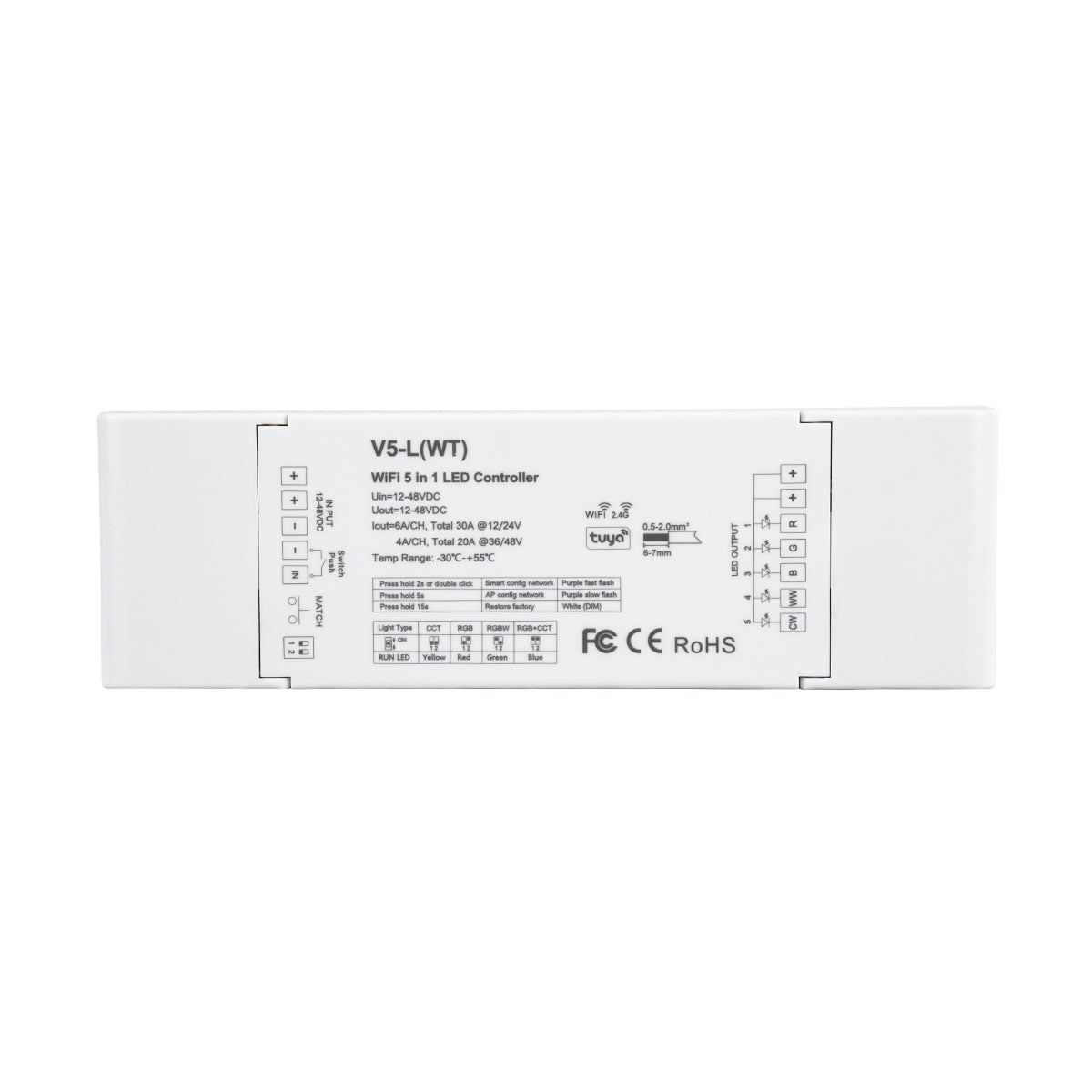 71470 V5-L SKYDANCE DC WiFi & RF 2.4Ghz Dimmer High Speed Controller 5 Καναλιών DC 12-48V 5 x 6A 288W - Max 30A 1440W - IP20 Μ18 x Π5.7 x Υ2.8cm