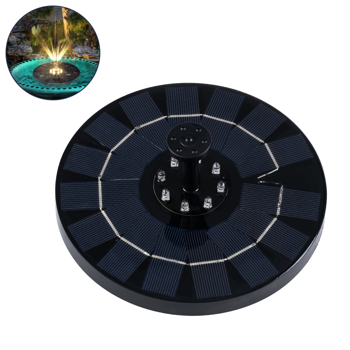 FOUNTAIN 71531 Διακοσμητικό Συντριβάνι LED 3W 120lm 120° DC 5V με Φωτοβολταϊκό Panel 5V 0.2W & Επαναφορτιζόμενη Μπαταρία Li-ion 3.2V 1500mAh Αδιάβροχο IP68 Θερμό Λευκό 2700K - Sanan Diode Chip - Μαύρο - 4 Μπέκ Ψεκασμού - Μ18 x Π18 x Υ8