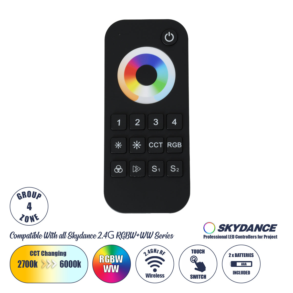 71544 RT10 SKYDANCE Ασύρματο Χειριστήριο Αφής RF 2.4Ghz 4 Group για όλα τα RGBW+WW SKYDANCE Controller DC 3V 2 x AAA - IP20 Μαύρο Μ12.2 x Π5.3 x Υ1.7cm