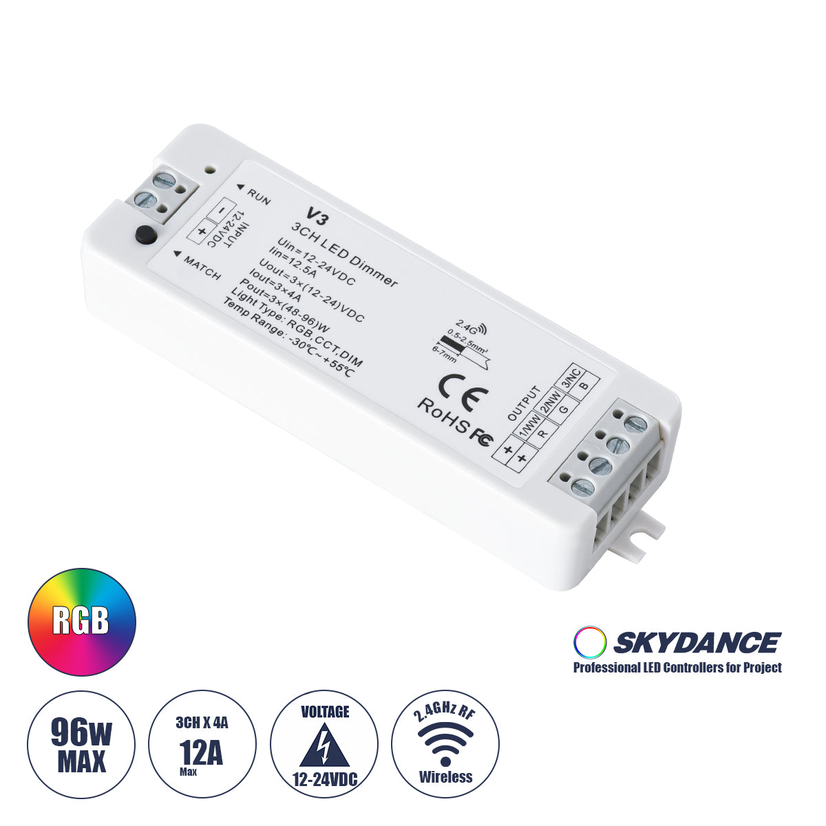 71546 V3 SKYDANCE DC RF 2.4Ghz Dimmer High Speed Controller 3 Καναλιών DC 12-24V 3 x 5A 96W - Max 12A 288W - IP20 Μ10 x Π3.5 x Υ2cm
