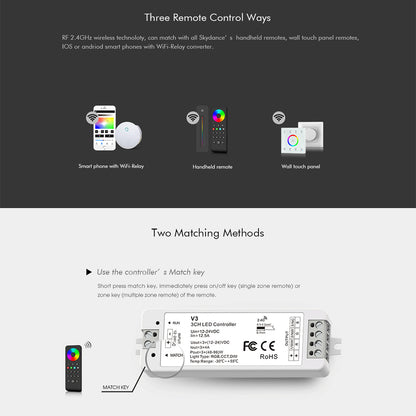 71546 V3 SKYDANCE DC RF 2.4Ghz Dimmer High Speed Controller 3 Καναλιών DC 12-24V 3 x 5A 96W - Max 12A 288W - IP20 Μ10 x Π3.5 x Υ2cm