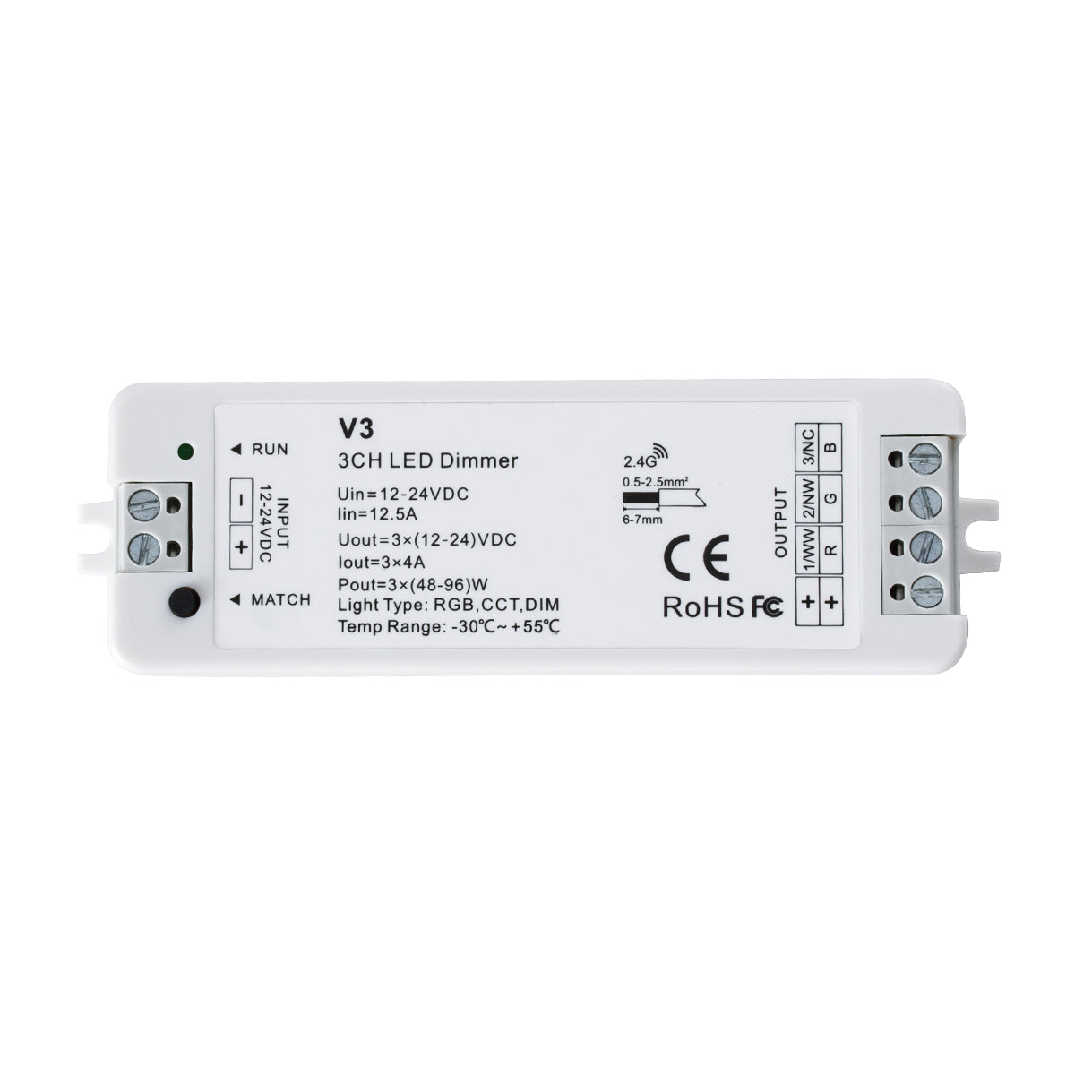 71546 V3 SKYDANCE DC RF 2.4Ghz Dimmer High Speed Controller 3 Καναλιών DC 12-24V 3 x 5A 96W - Max 12A 288W - IP20 Μ10 x Π3.5 x Υ2cm