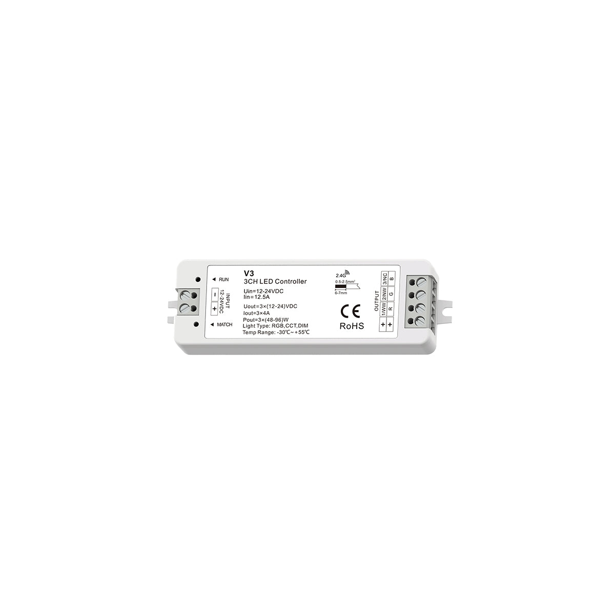 71546 V3 SKYDANCE DC RF 2.4Ghz Dimmer High Speed Controller 3 Καναλιών DC 12-24V 3 x 5A 96W - Max 12A 288W - IP20 Μ10 x Π3.5 x Υ2cm
