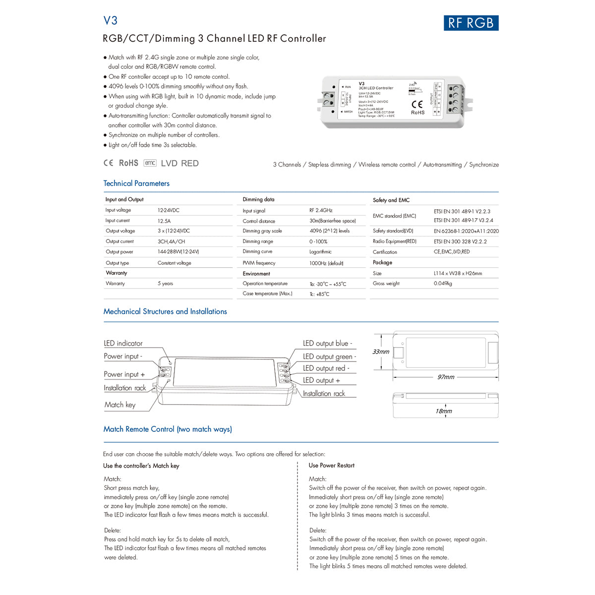 71546 V3 SKYDANCE DC RF 2.4Ghz Dimmer High Speed Controller 3 Καναλιών DC 12-24V 3 x 5A 96W - Max 12A 288W - IP20 Μ10 x Π3.5 x Υ2cm